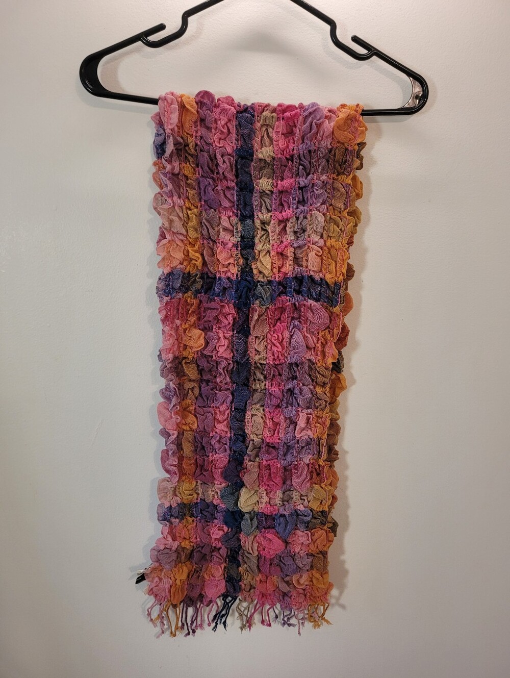 Emmanuelle Khanh Paris 100% Wool Ruffled Plaid Multicolor Scarf - 11x52"